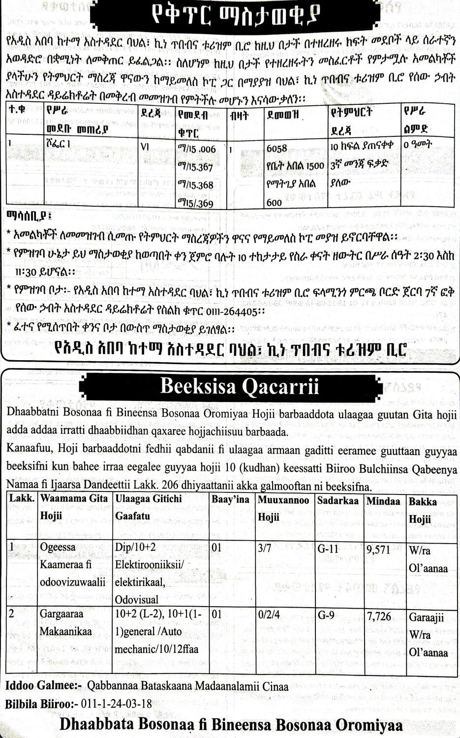 Addis Ababa City Government Culture Arts and Tourism Bureau Job Vacancy